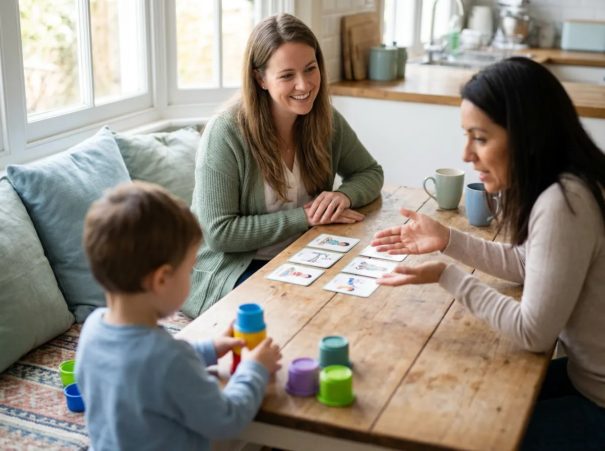 Terapeuta ocupacional orientando a una madre en la mesa de casa mientras su hijo juega con cubos apilables