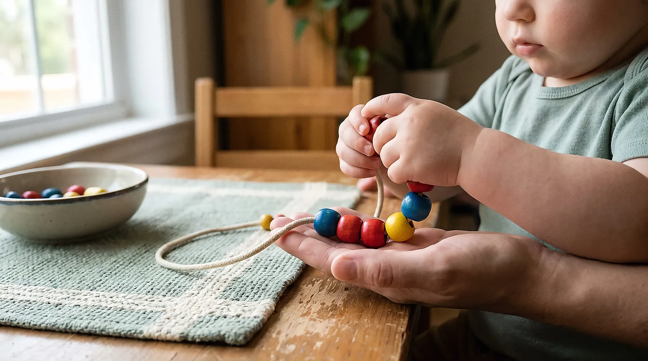 Manos de un niño ensartando cuentas de colores, actividad de motricidad fina de terapia ocupacional