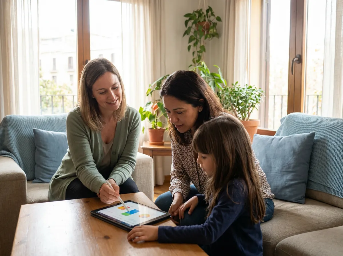 Terapeuta ocupacional revisando el progreso en una tablet junto a una madre y su hija en el salón de casa