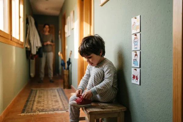 Niño sentado en un banco poniéndose los zapatos solo, junto a una tira de pictogramas de la rutina de la mañana en la pared