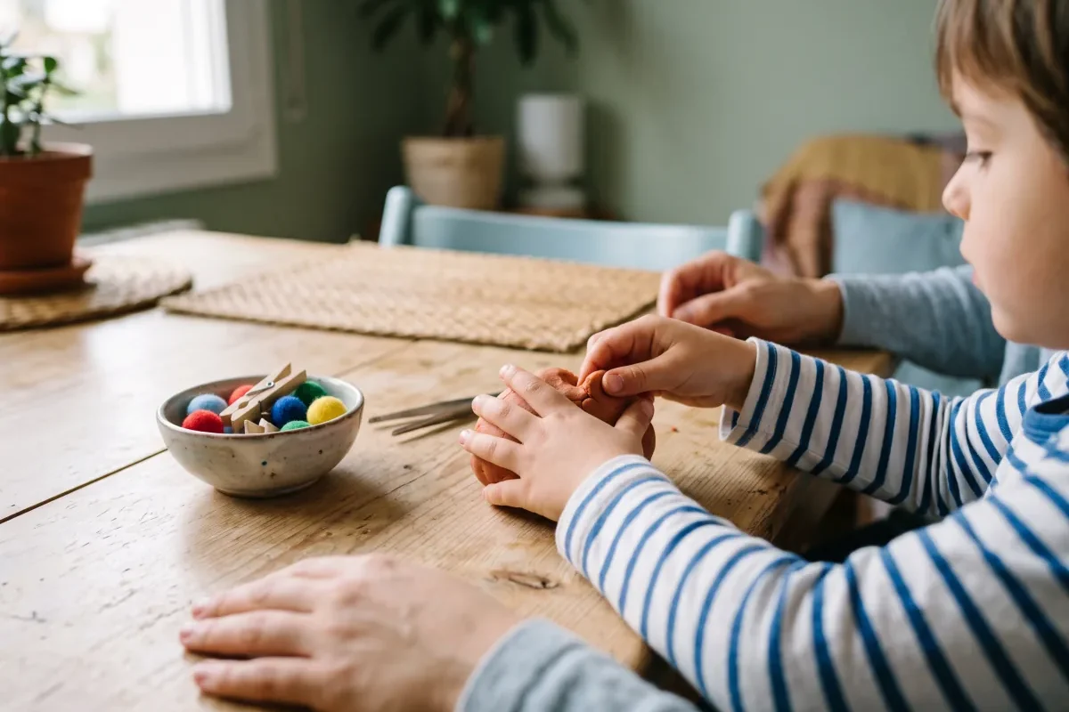 Niño amasando y pellizcando plastilina en la mesa, con pinzas de madera y pompones a un lado