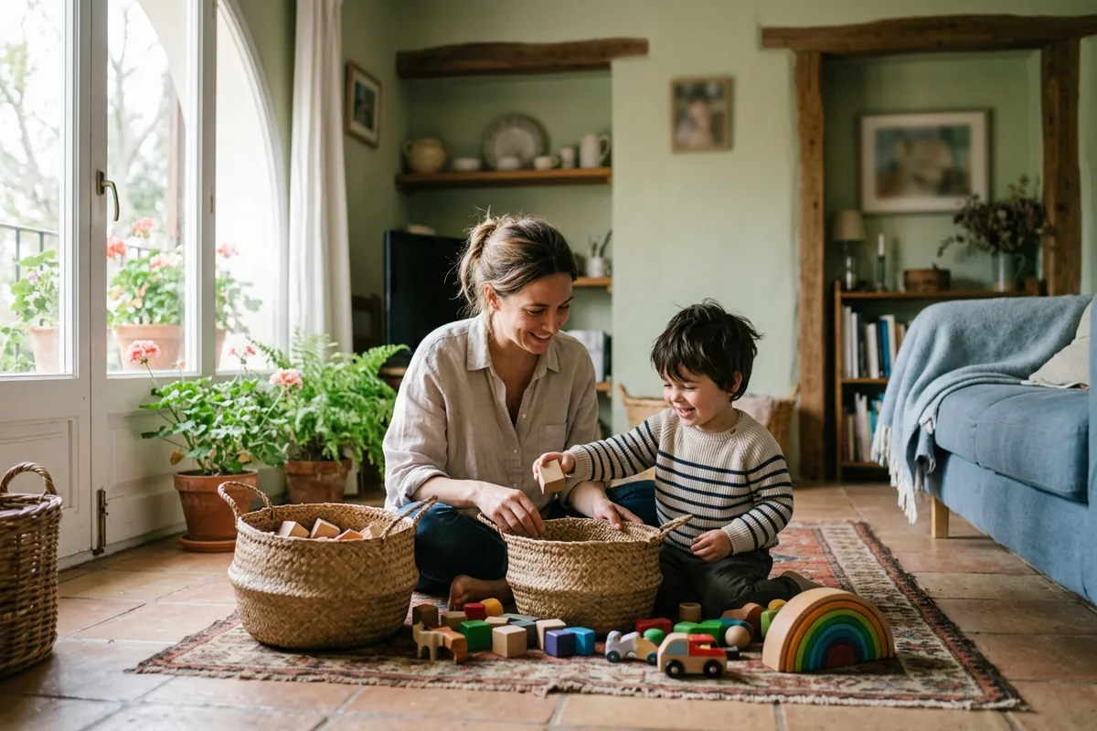 Madre e hijo guardando juguetes de madera en cestas en el salón