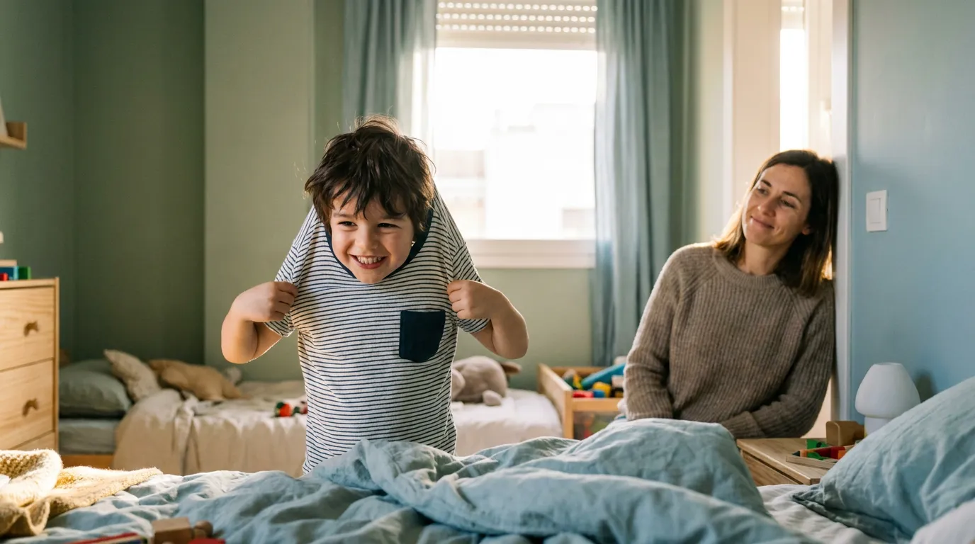 Niño poniéndose la camiseta él solo mientras su madre observa con paciencia desde la puerta