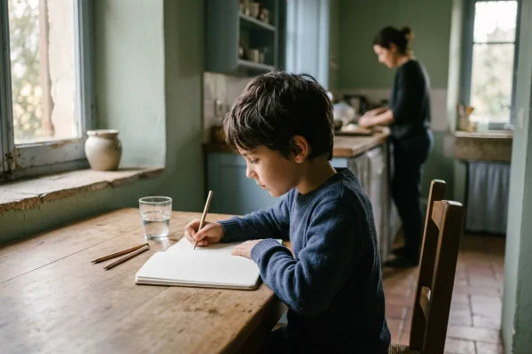 Niño de unos ocho años escribiendo en una libreta en la mesa despejada de la cocina, con luz de tarde y su madre al fondo