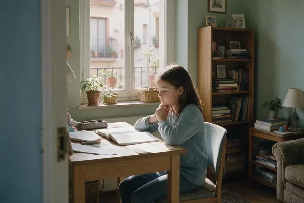 Chica de once años pensando frente a sus deberes a medias en el escritorio, junto a la ventana