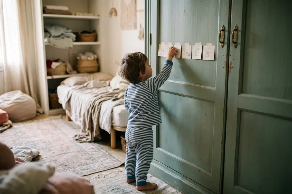 Niño en pijama tocando una tira de tarjetas con dibujos pegada en la puerta del armario