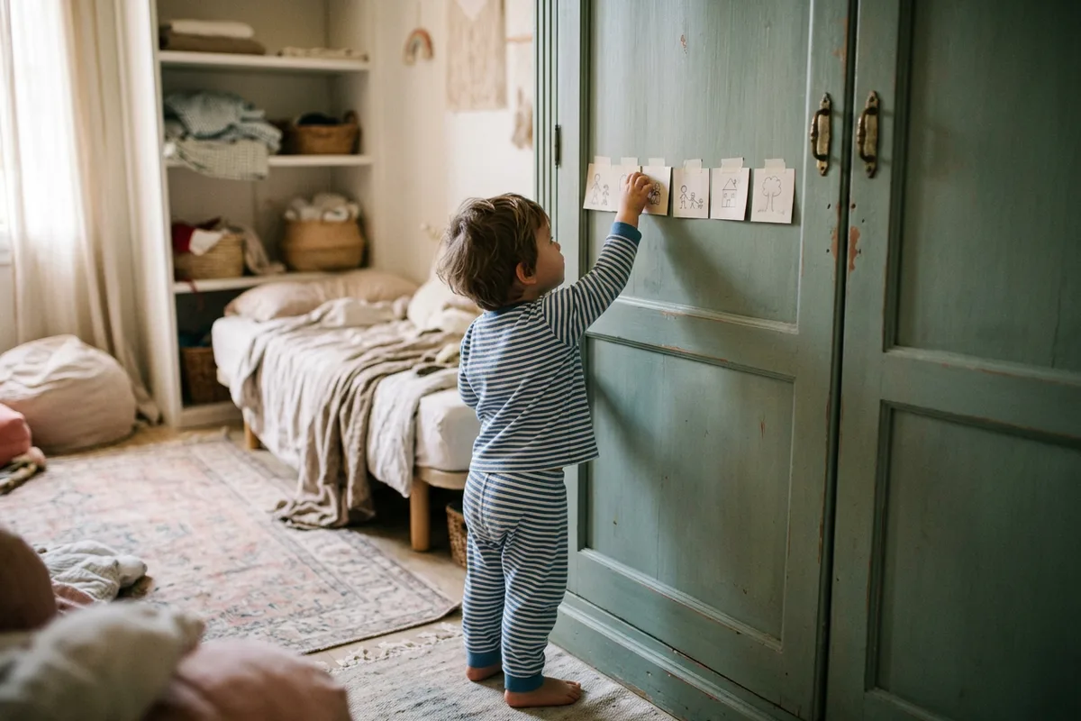 Niño en pijama tocando una tira de tarjetas con dibujos pegada en la puerta del armario