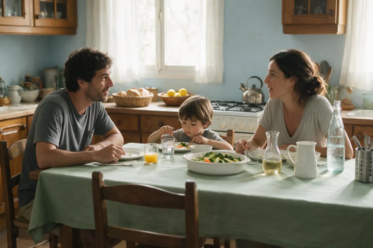 Comida familiar tranquila: los padres conversan mientras el niño come a su ritmo