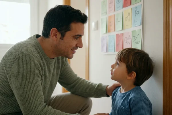 Padre hablando con calma a la altura de los ojos de su hijo junto a una rutina visual de pictogramas