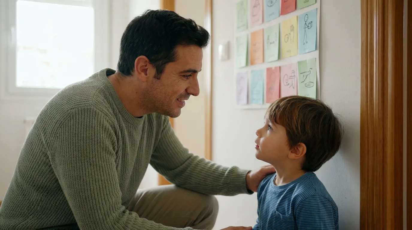 Padre hablando con calma a la altura de los ojos de su hijo junto a una rutina visual de pictogramas