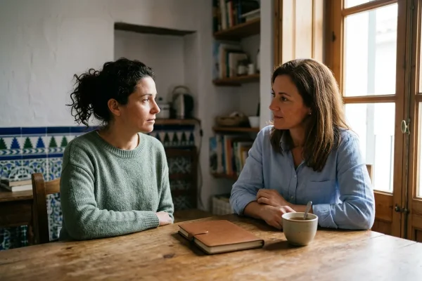 Dos mujeres conversando con calma en una mesa de madera con un cuaderno