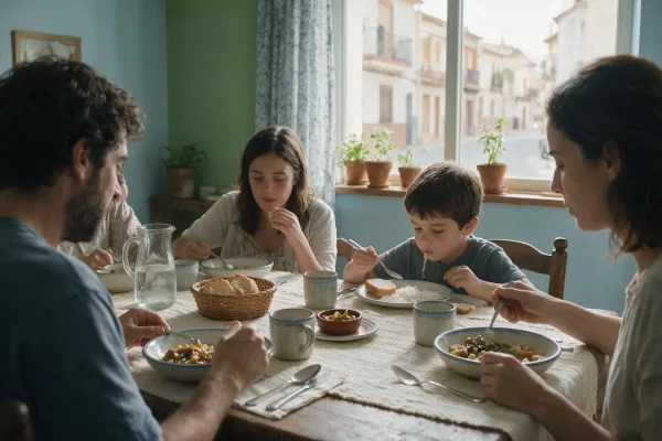Niño comiendo arroz y pan mientras su familia comparte otro plato en la misma mesa