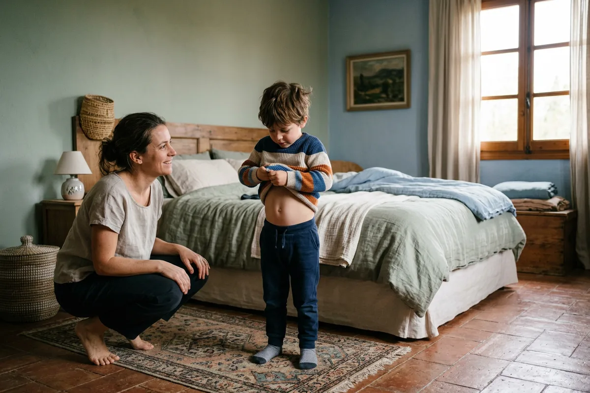 Niño terminando de bajarse el jersey mientras su madre lo observa sin intervenir