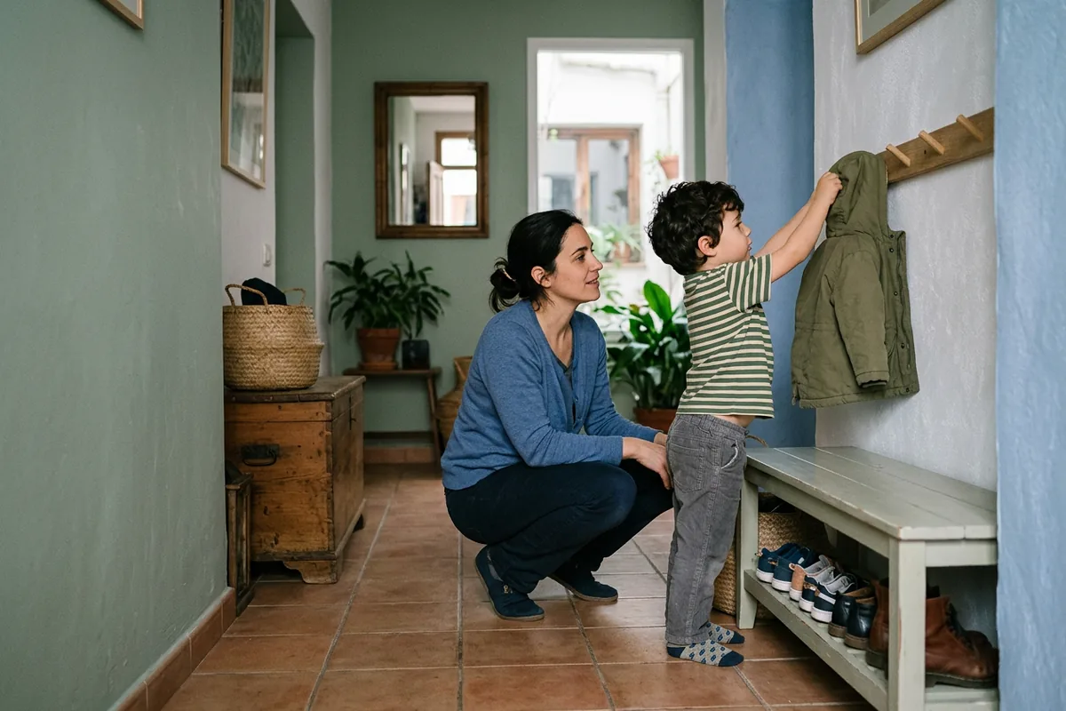 Niño colgando su abrigo en un perchero bajo de la entrada mientras su madre lo acompaña