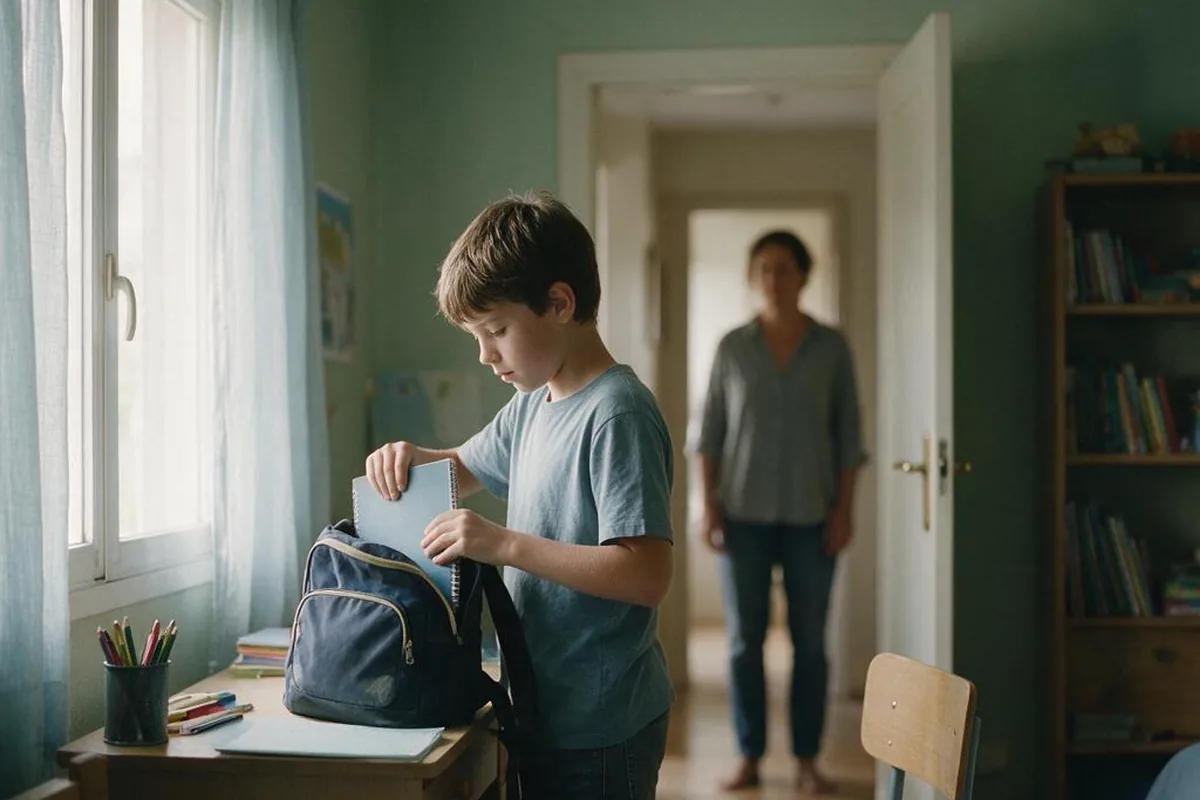 Chico de once años metiendo un cuaderno en su mochila mientras su madre observa desde el pasillo sin intervenir
