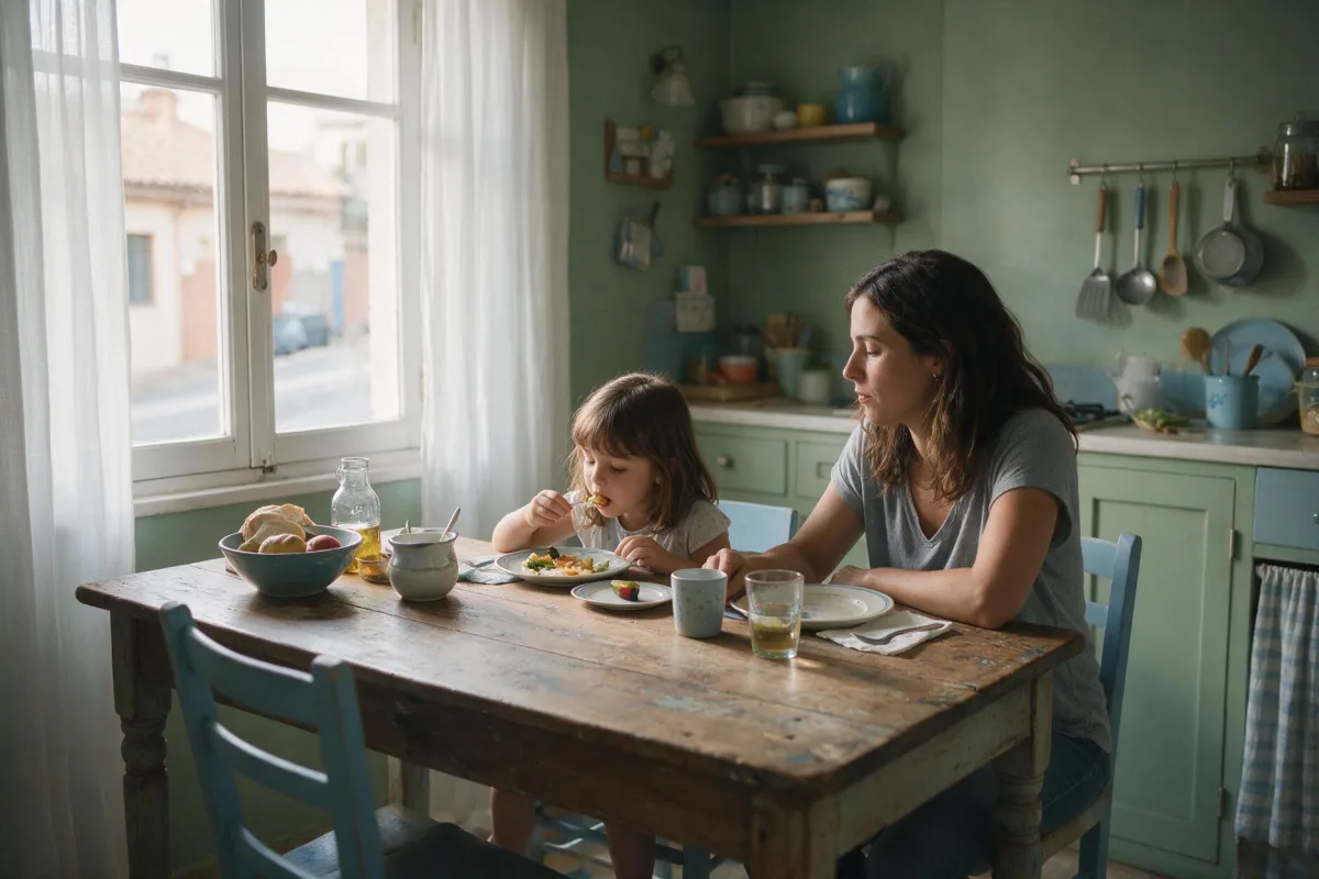 Niña comiendo en la cocina con un alimento nuevo en un plato aparte, su madre al lado sin presionarla