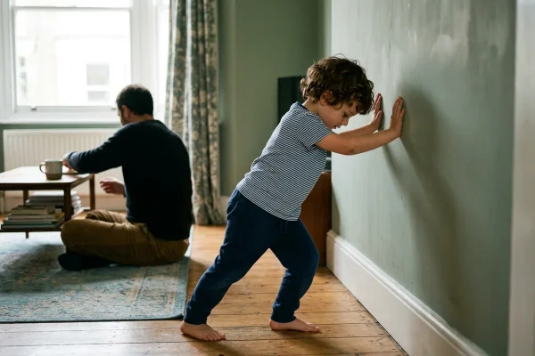 Niño empujando con las dos manos la pared del salón mientras su padre lo observa sentado en el suelo