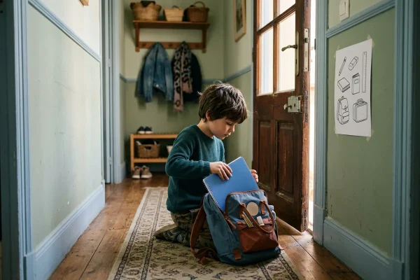 Niño de unos ocho años arrodillado junto a la puerta de casa metiendo una libreta en su mochila, con una hoja de dibujos pegada en la pared