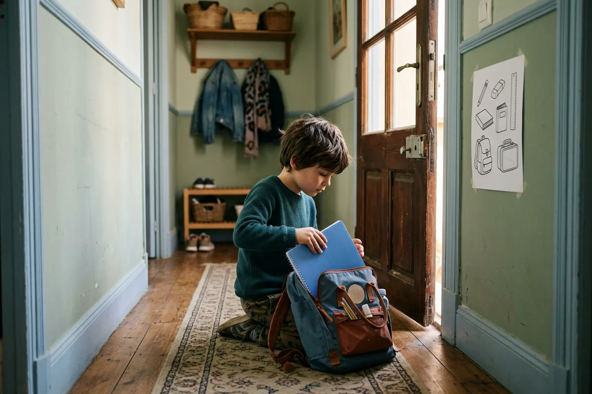 Niño de unos ocho años arrodillado junto a la puerta de casa metiendo una libreta en su mochila, con una hoja de dibujos pegada en la pared