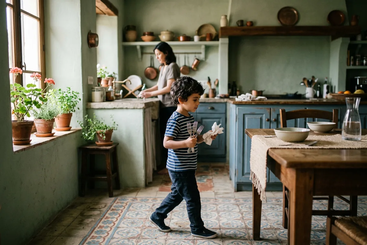 Un niño lleva los cubiertos y las servilletas hacia la mesa de la cocina